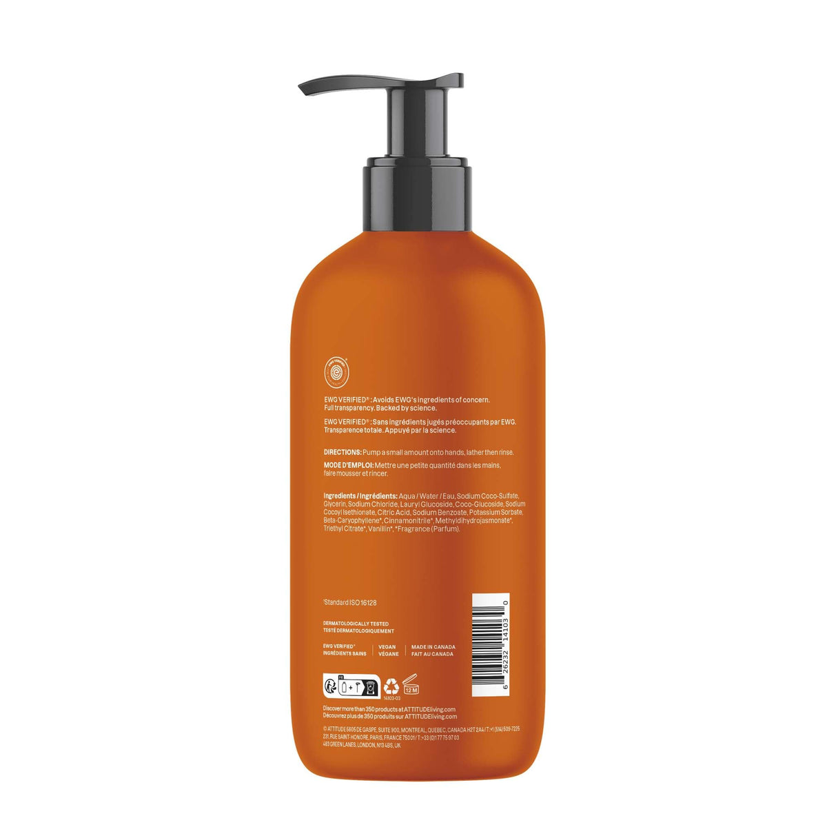 BIO SPECTRA ATTITUDE Liquid Hand Soap Orange Cinnamon ingredients list