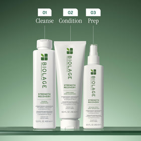 Biolage Strength Recovery Shampoo 13.5 oz in a bathroom setting