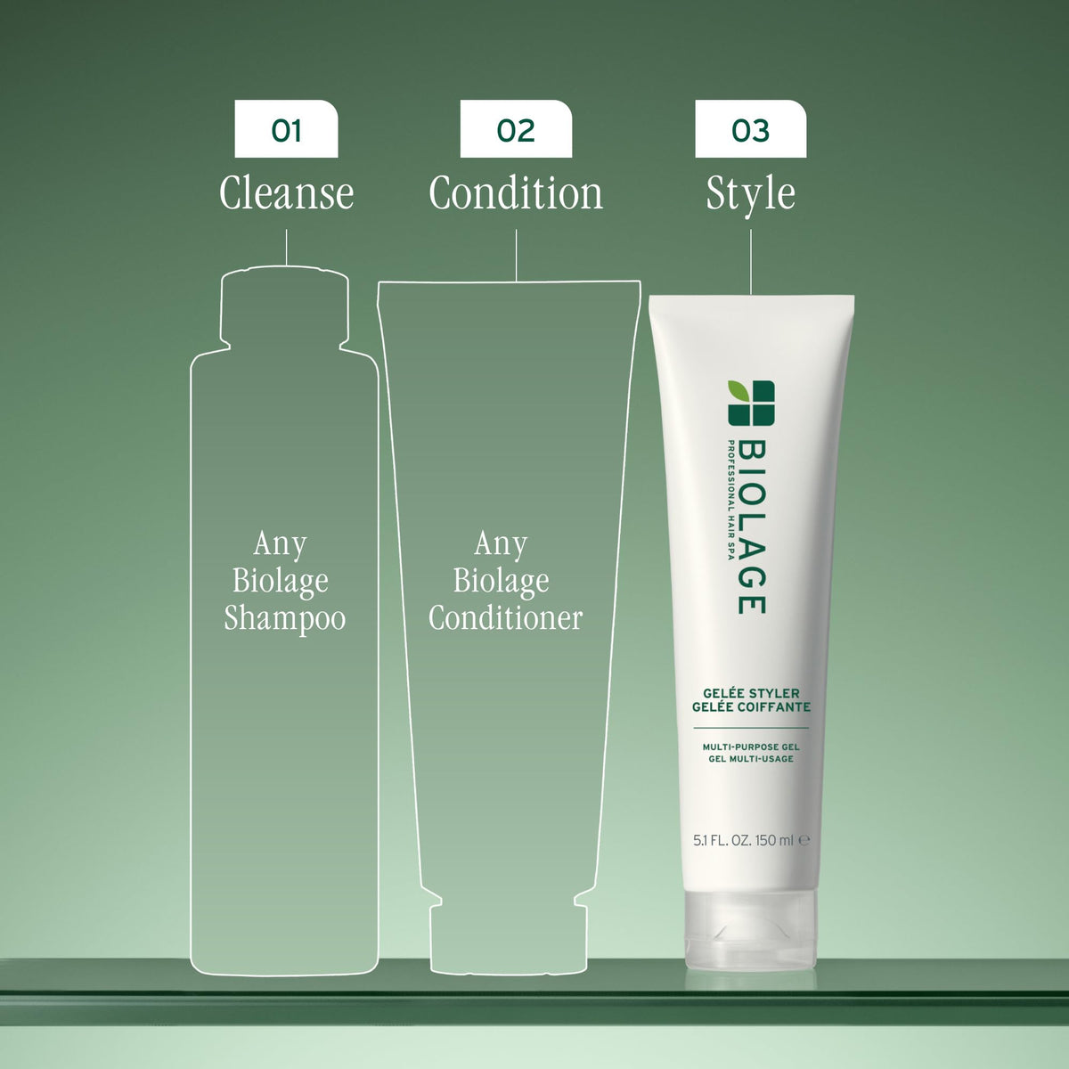 Biolage Styling Gelée 16.9 oz applied to damp hair in a styling setting