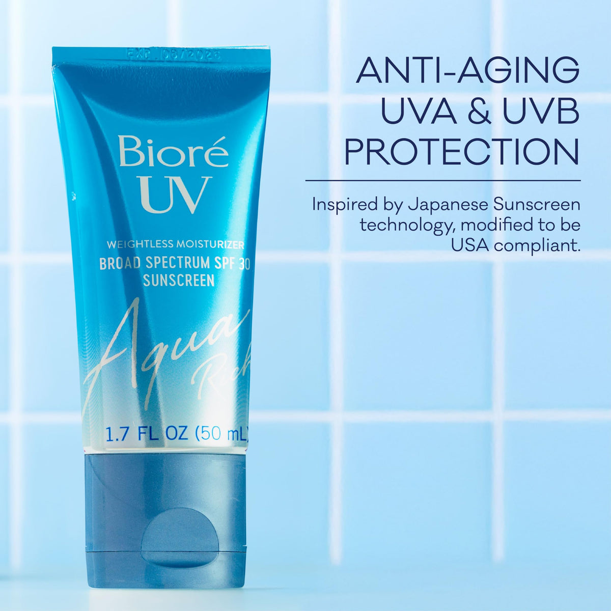 Bioré UV Aqua Rich Moisturizer SPF 30 in bathroom setting