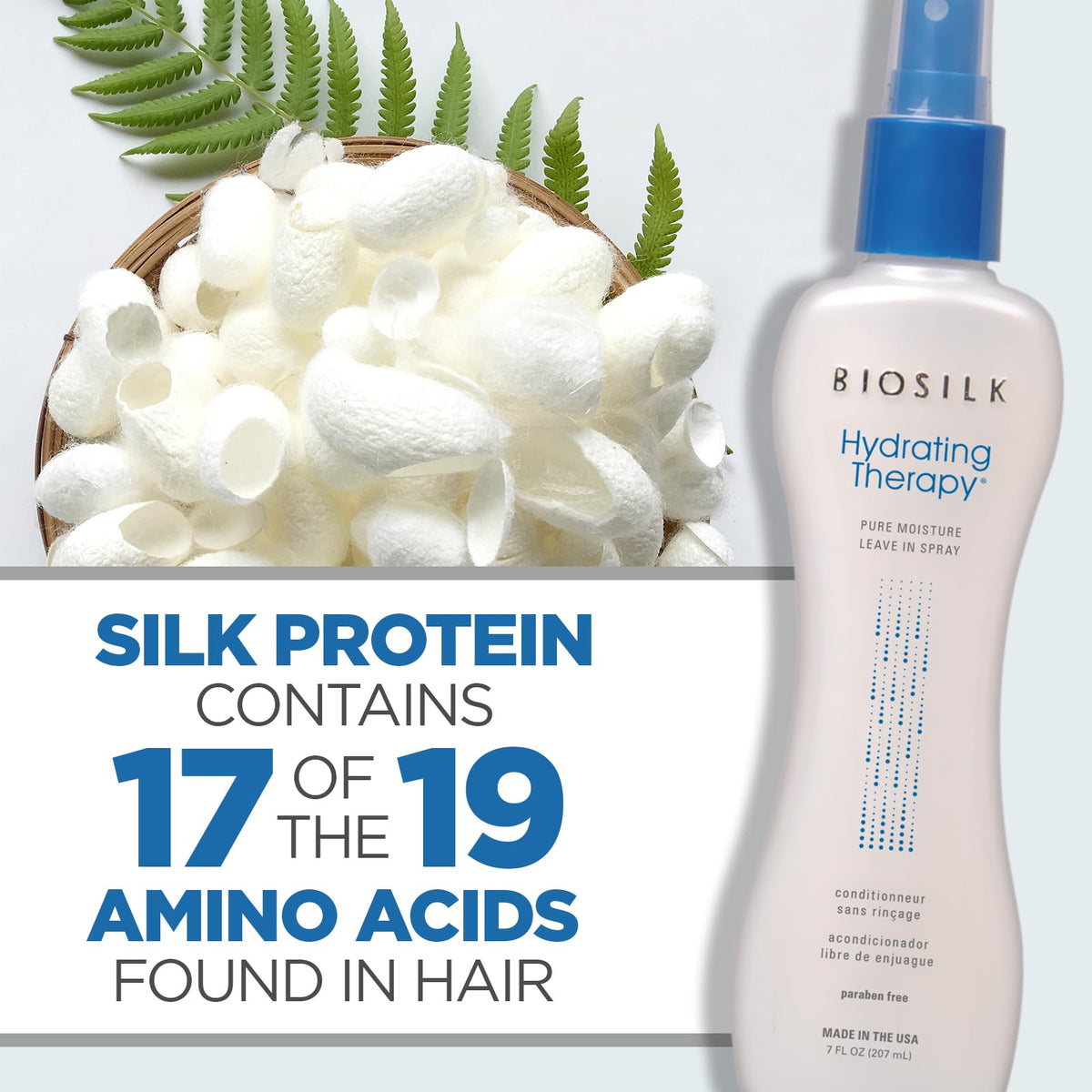 BioSilk Hydrating Therapy Leave-In Hair Spray close-up of spray application
