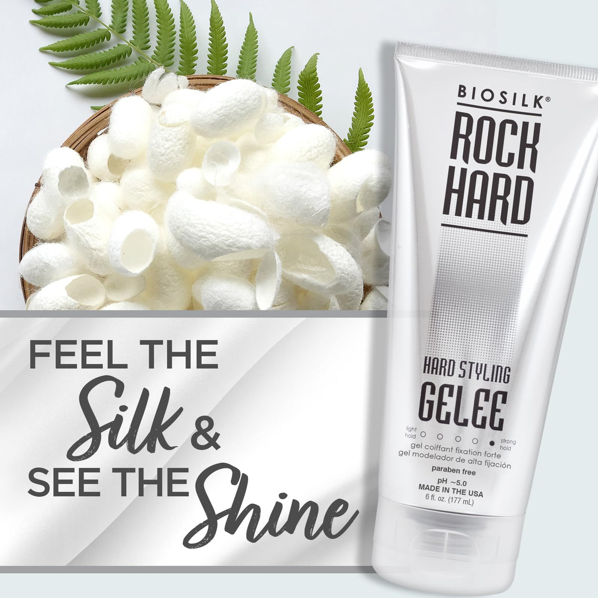 BioSilk Rock Hard Gel 6 Oz next to other BioSilk hair care products