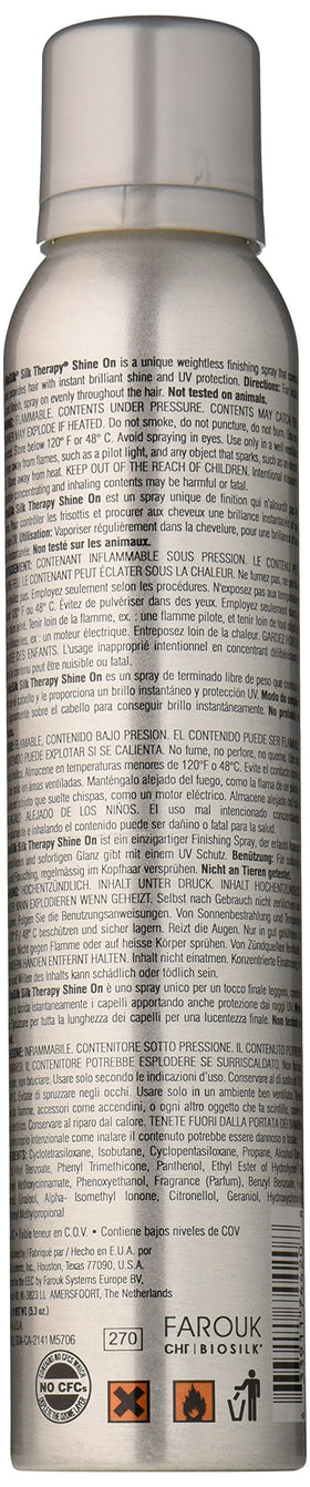 BioSilk Shine On Hair Spray 5.34 oz back view with ingredients
