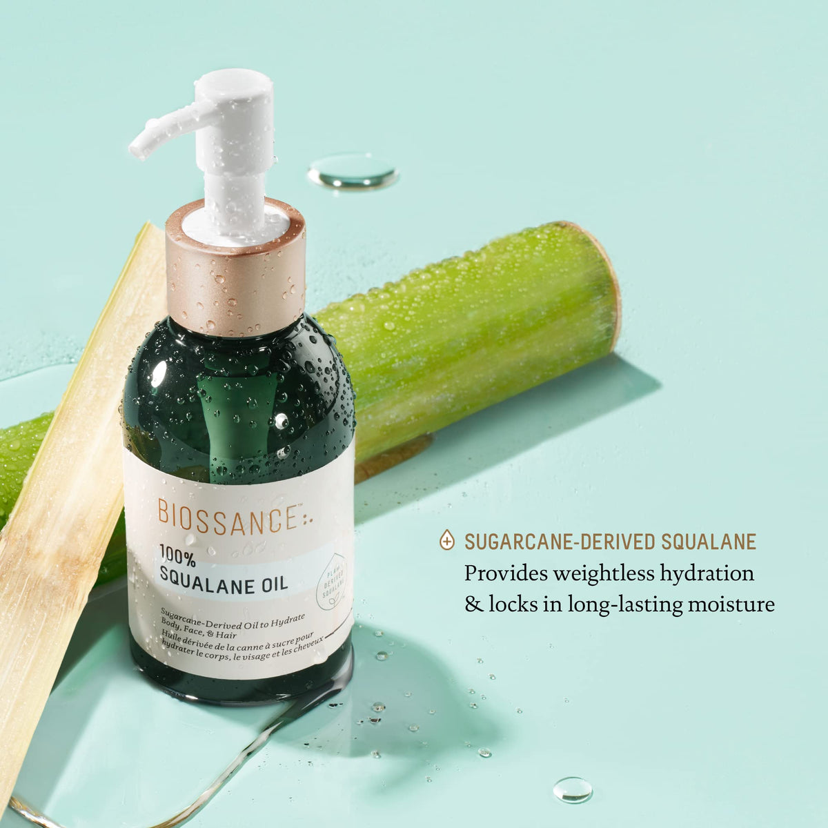 BIOSSANCE 100% Squalane Oil lifestyle scene with flowers