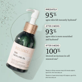BIOSSANCE 100% Squalane Oil on a bathroom counter