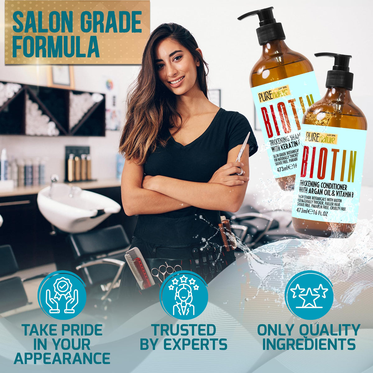 Biotin Shampoo and Conditioner Set on bathroom shelf