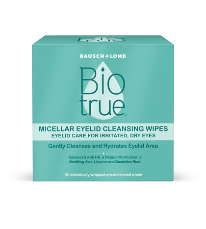 Biotrue Micellar Eyelid Cleansing Wipes front view packaging