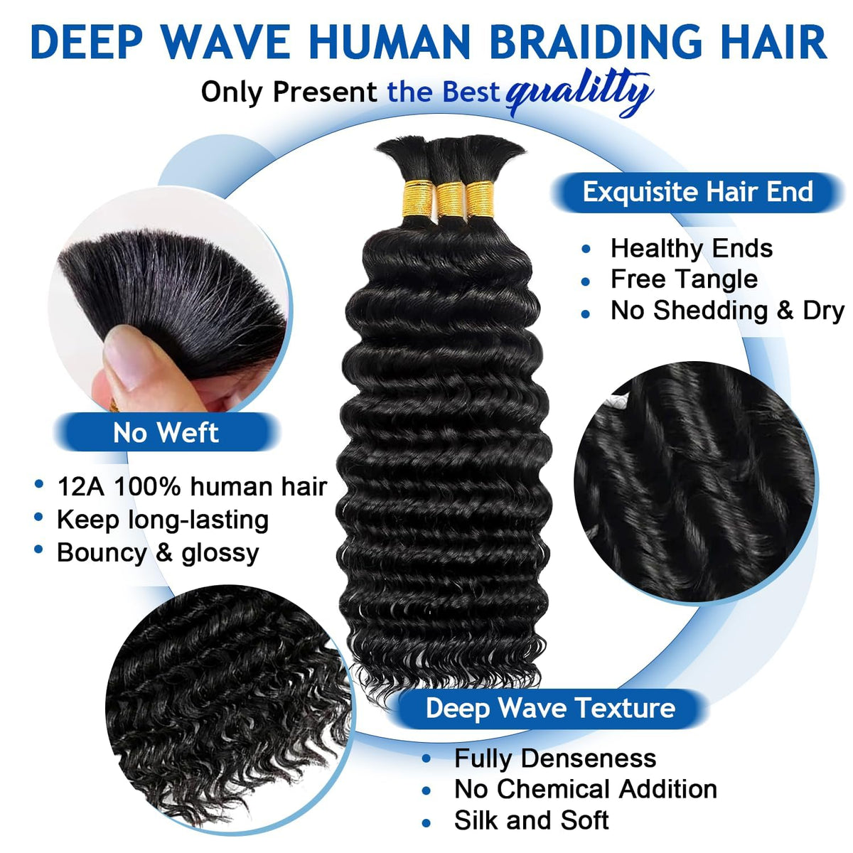 BIZVUS Human Braiding Hair 110g deep wave texture close-up