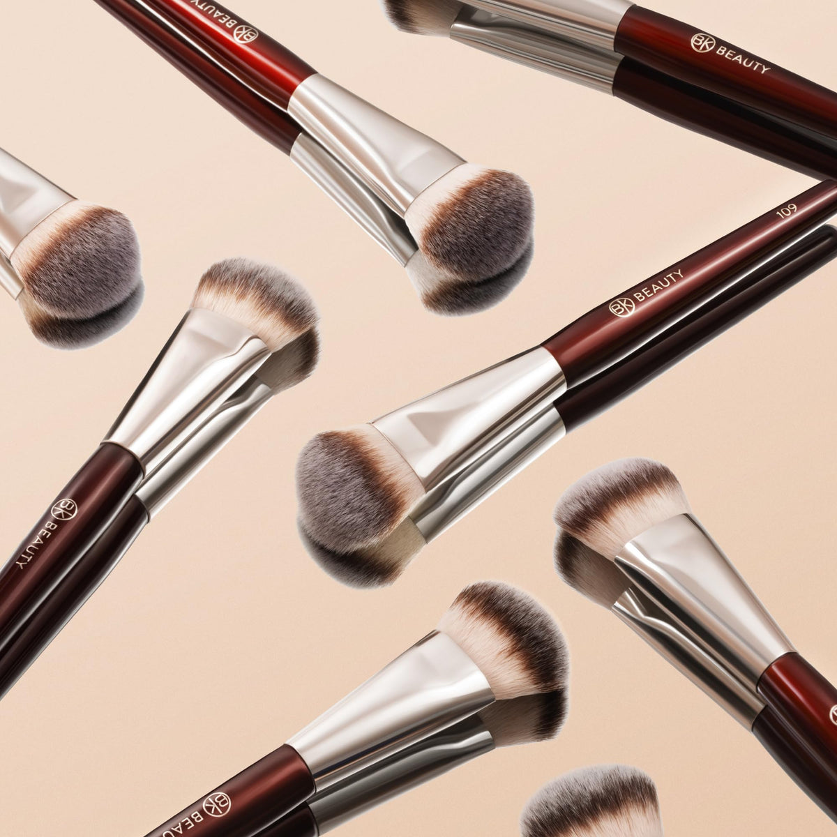 BK BEAUTY 109 Mini Contoured Foundation Brush with other makeup tools