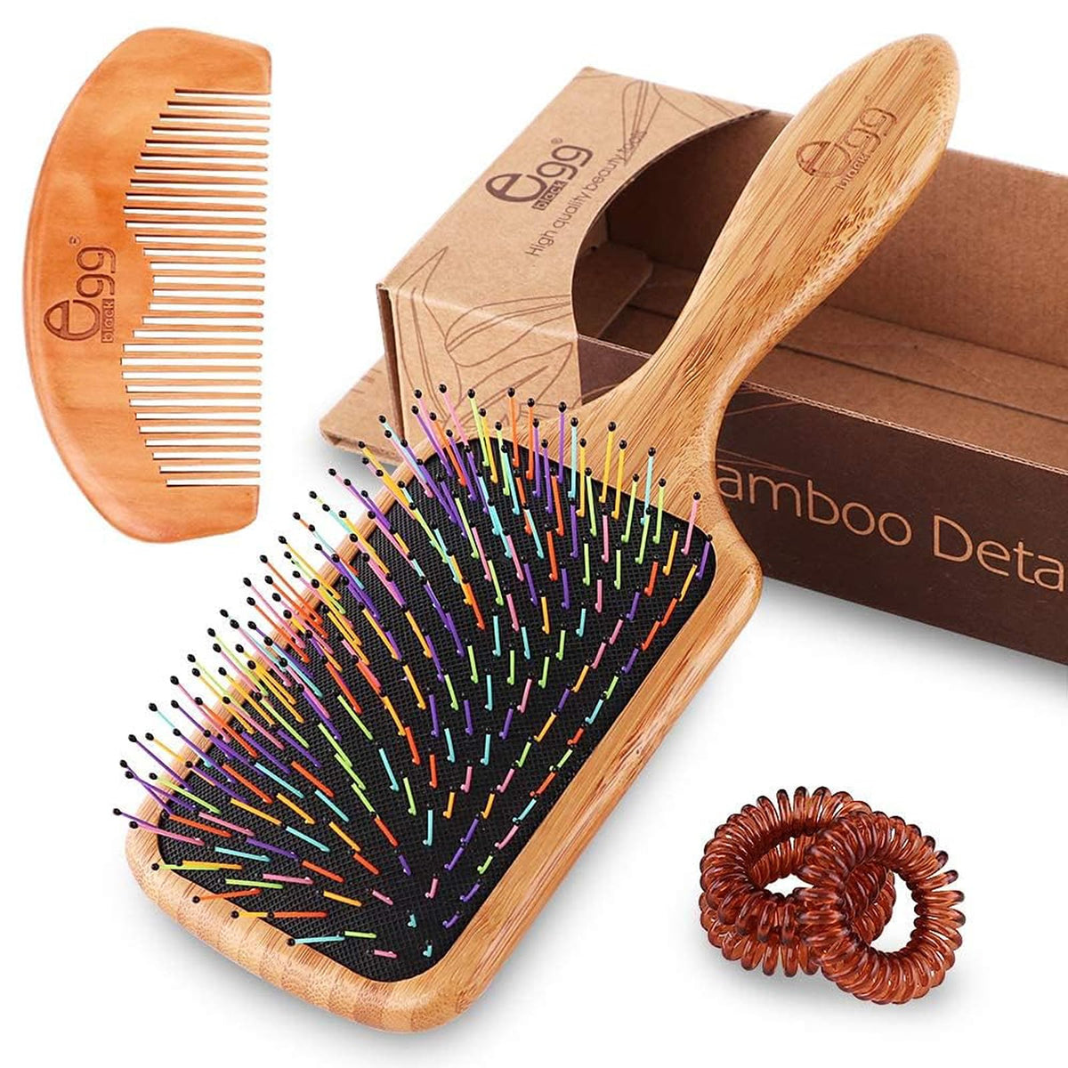 BLACK EGG Detangling Hair Brush front view with rainbow nylon pins