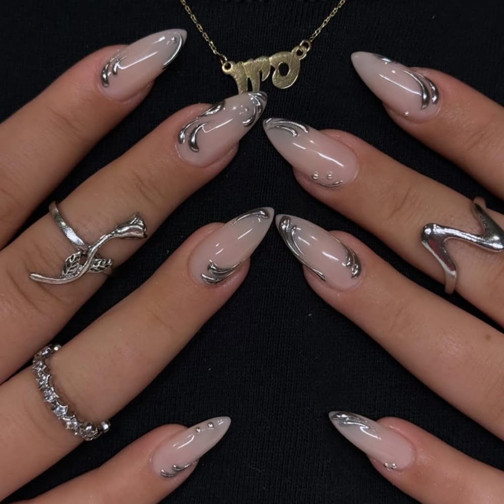 BLGTGH Almond Press on Nails glossy pink with 5D metal lines charm