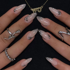 BLGTGH Almond Press on Nails glossy pink with 5D metal lines charm
