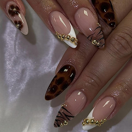 BLGTGH French Tips Press on Nails glossy brown leopard design front view