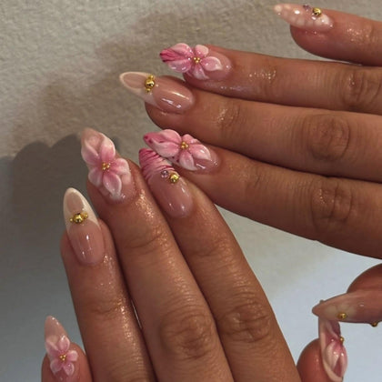 BLGTGH French Tips Press on Nails medium almond design with 5D flower charm