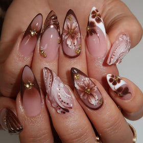 BLGTGH French Tips Press on Nails medium almond shape with flower design