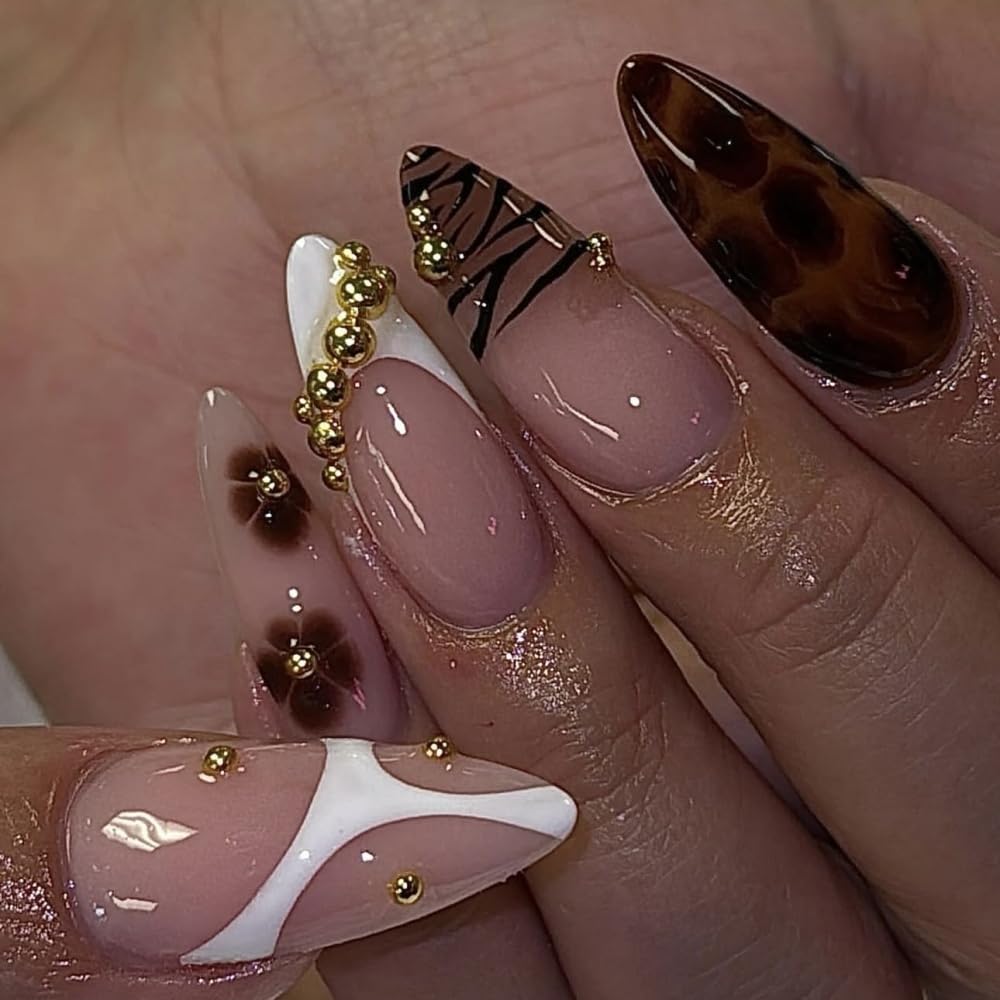 BLGTGH French Tips Press on Nails with 5D rhinestones flower charm close-up