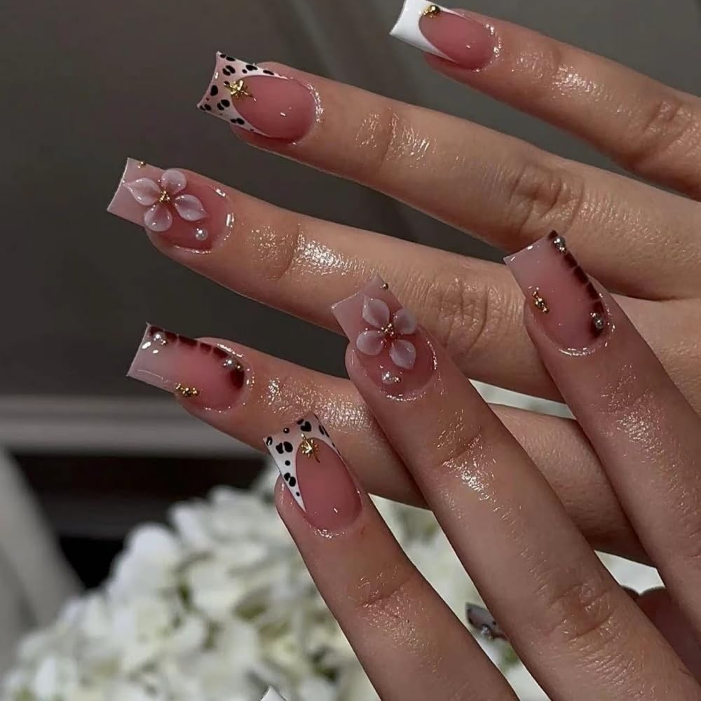 BLGTGH Leopard Print French Tips Press On Nails with floral design displayed