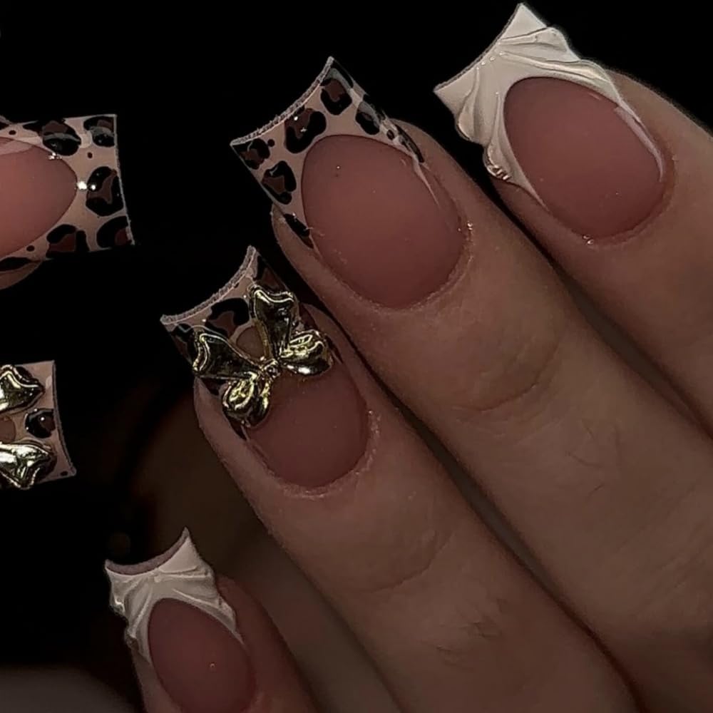 BLGTGH Leopard Prints French Tips Press on Nails with accessories