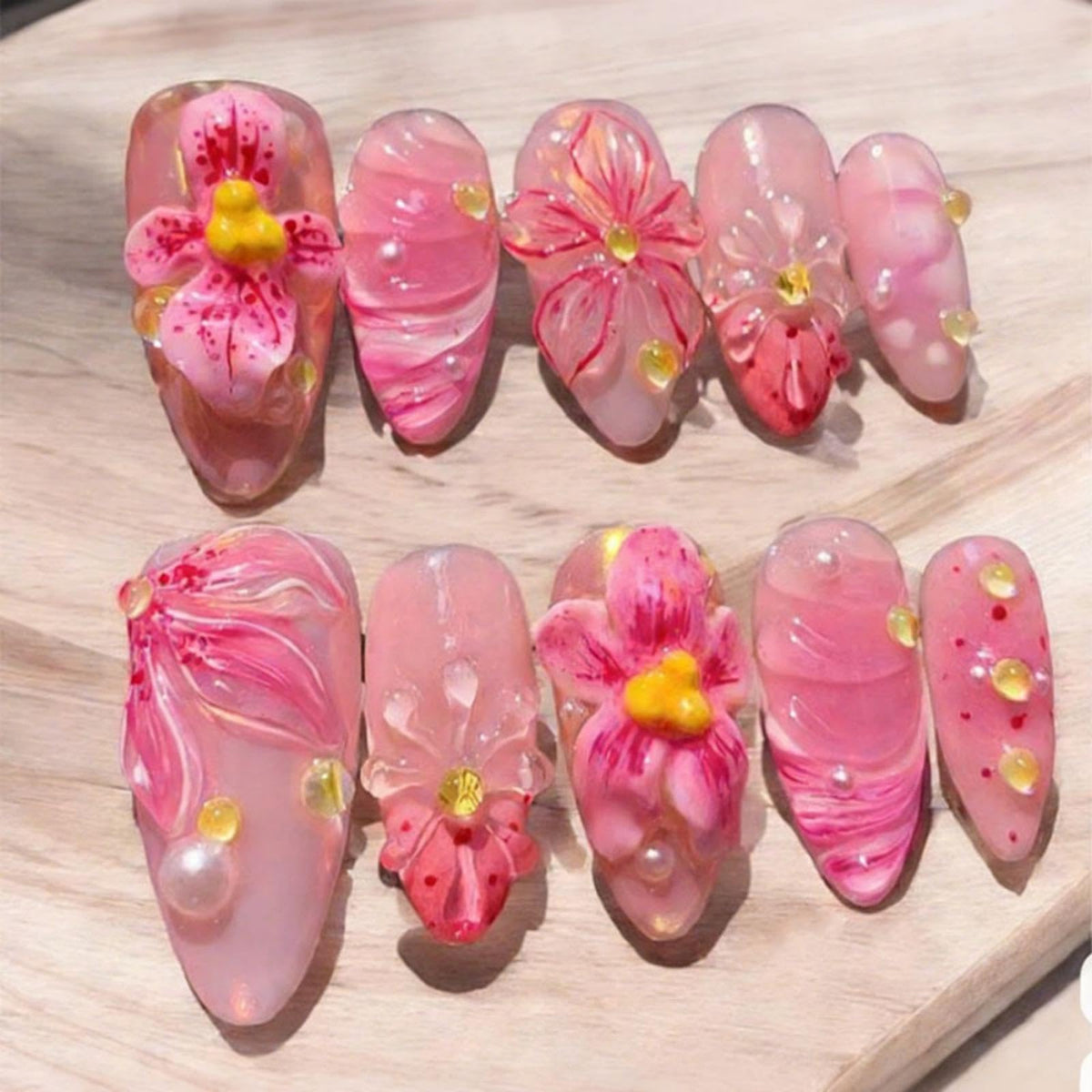 BLGTGH Press On Nails 24Pcs almond shape ombre pink with flower charm