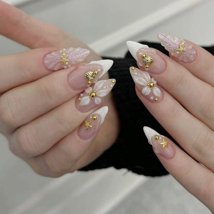 BLGTGH Press On Nails Medium Almond 24Pcs glossy pink glitter front view