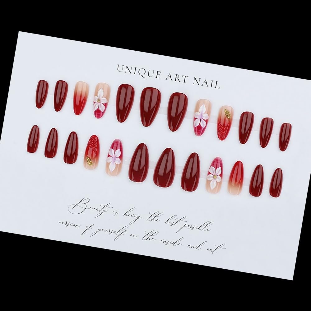 BLGTGH Red Press on Nails displayed with nail file and glue stickers