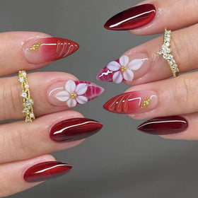BLGTGH Red Press on Nails front view with 5D flower charm