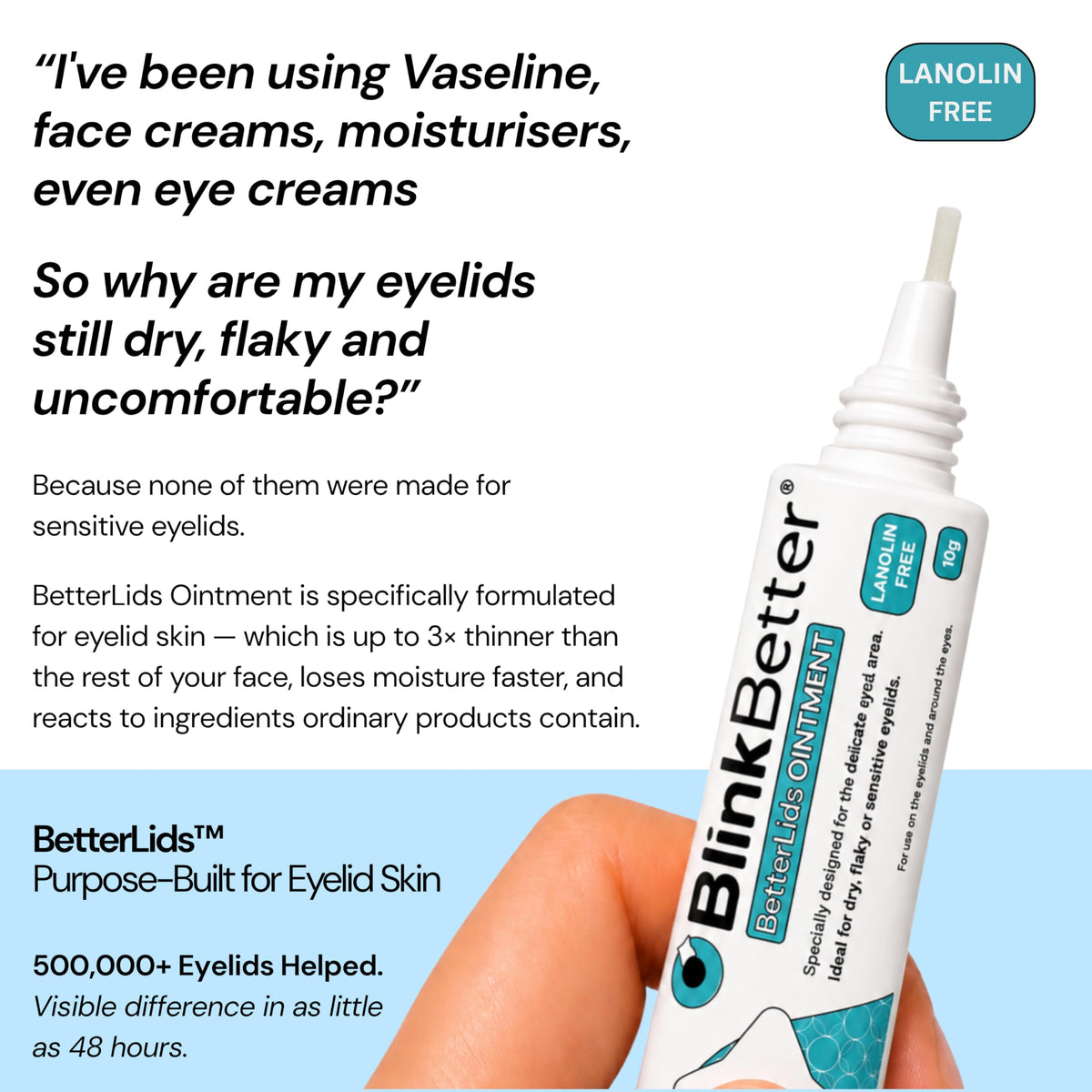 BlinkBetter Eyelid Ointment 10g on a bathroom counter