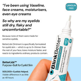 BlinkBetter Eyelid Ointment 10g on a bathroom counter