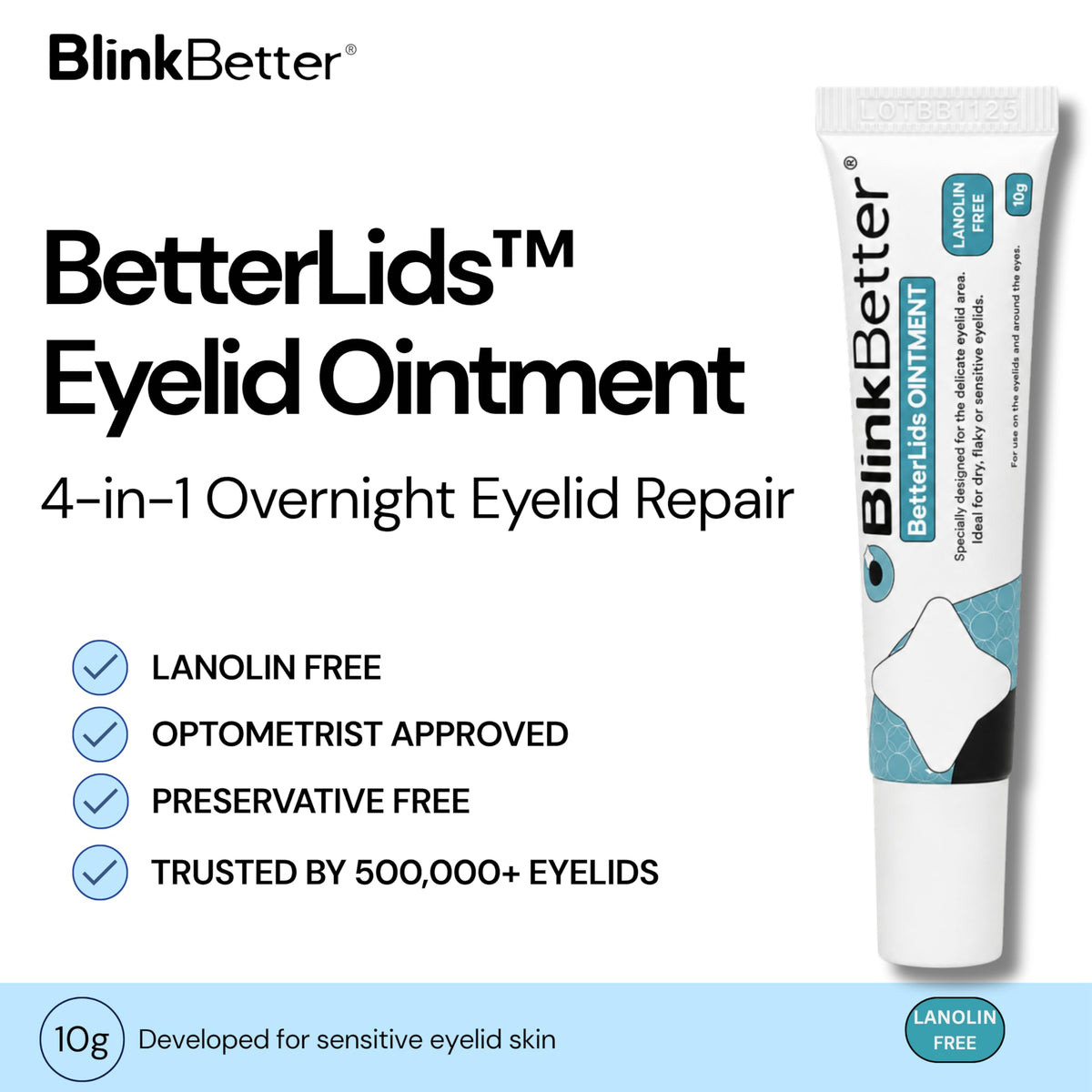 BlinkBetter Eyelid Ointment 10g tube side view