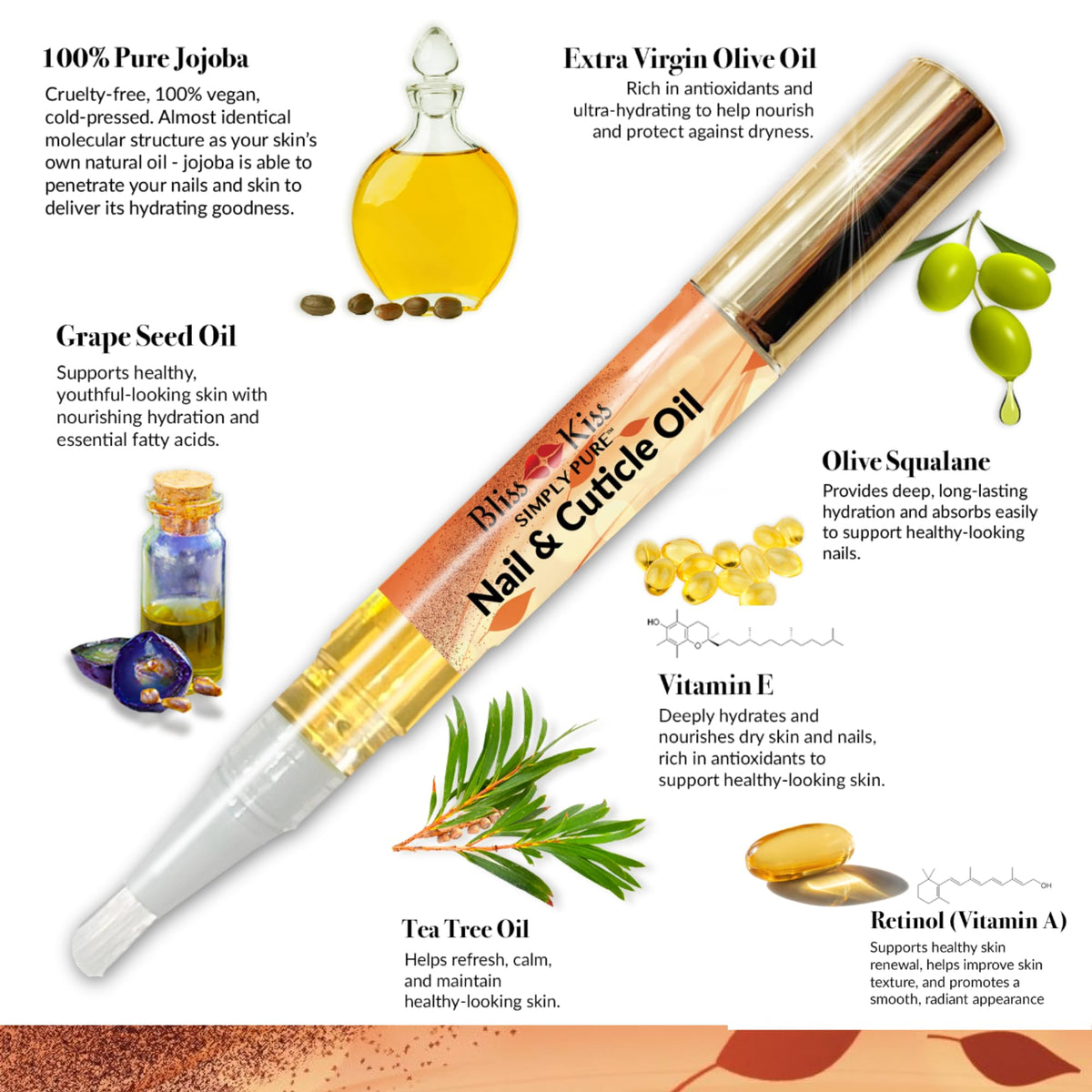Bliss Kiss Nail Oil Cuticle Pen displayed with other nail care products