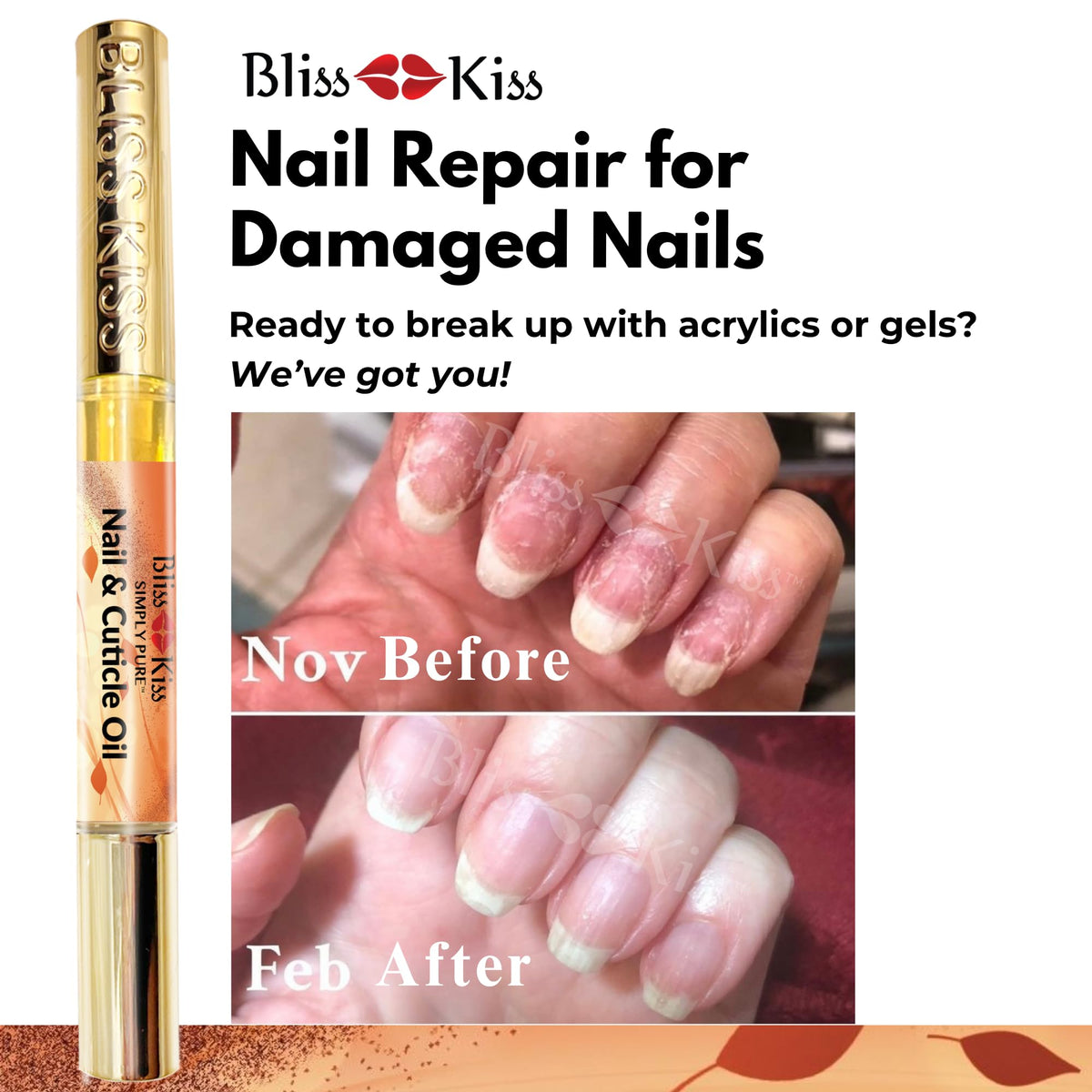 Bliss Kiss Nail Oil Cuticle Pen on a wooden table with autumn leaves