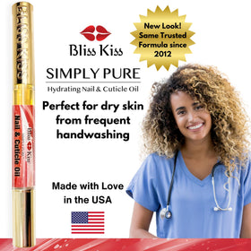 Bliss Kiss Simply Pure Cuticle Oil Pen packaging with ingredients listed