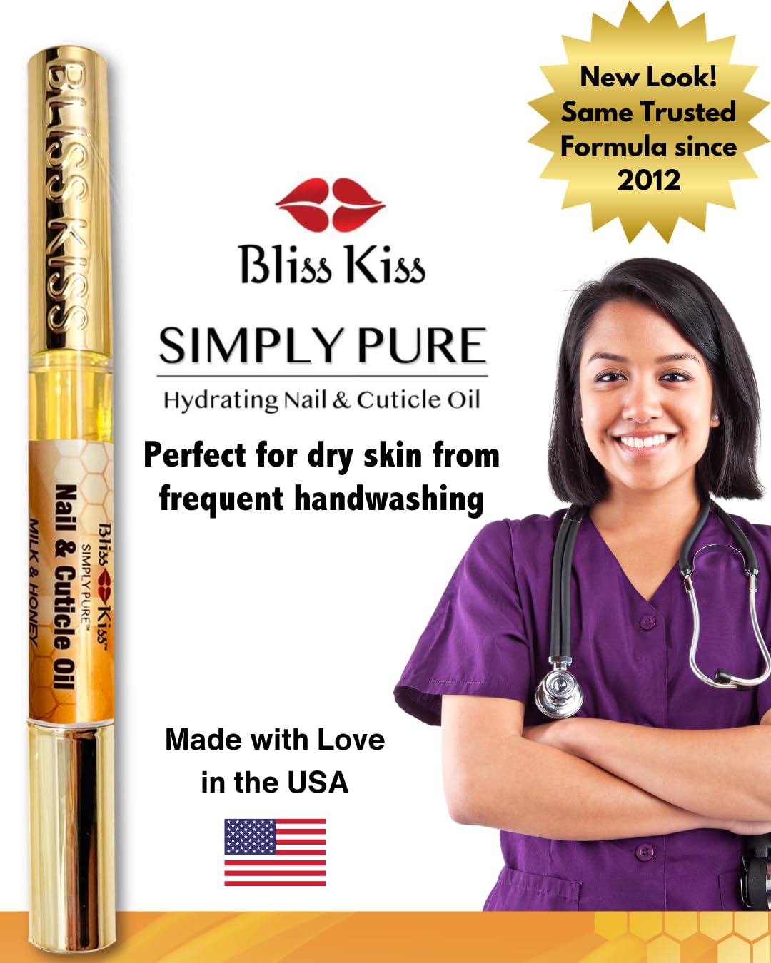 Bliss Kiss Simply Pure Cuticle Oil Pen with jojoba oil ingredient background