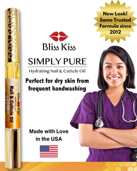 Bliss Kiss Simply Pure Cuticle Oil Pen with jojoba oil ingredient background