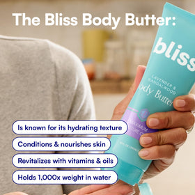Bliss Lavender and Sandalwood Body Butter lifestyle scene with flowers