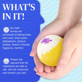 BlissfulOasis bath bomb set displayed on a bathroom shelf