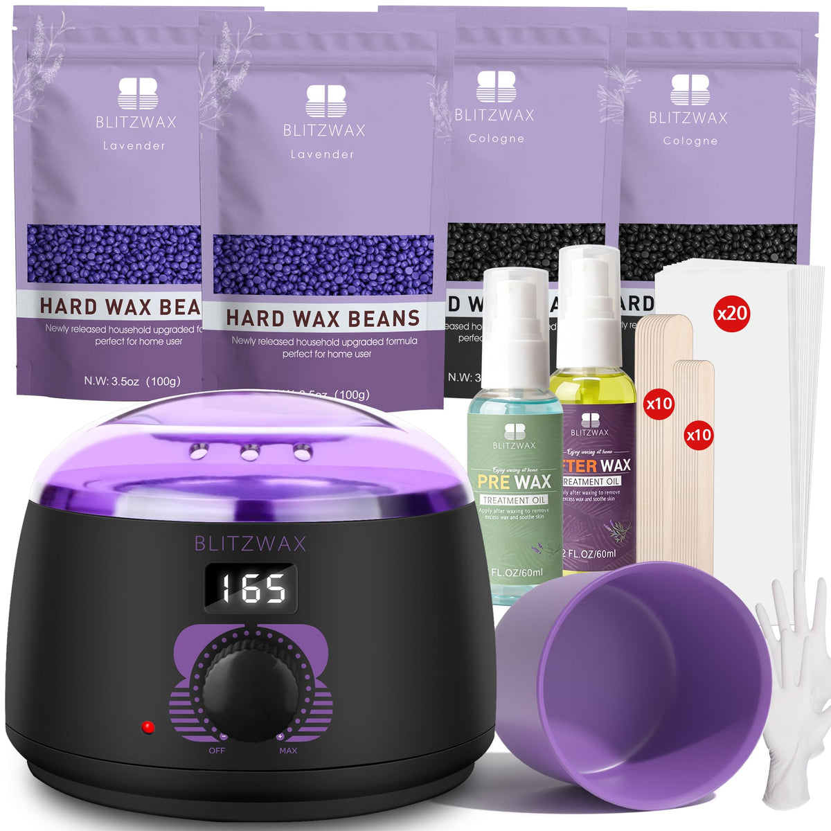BLITZWAX Brazilian Waxing Kit front view with hard wax warmer