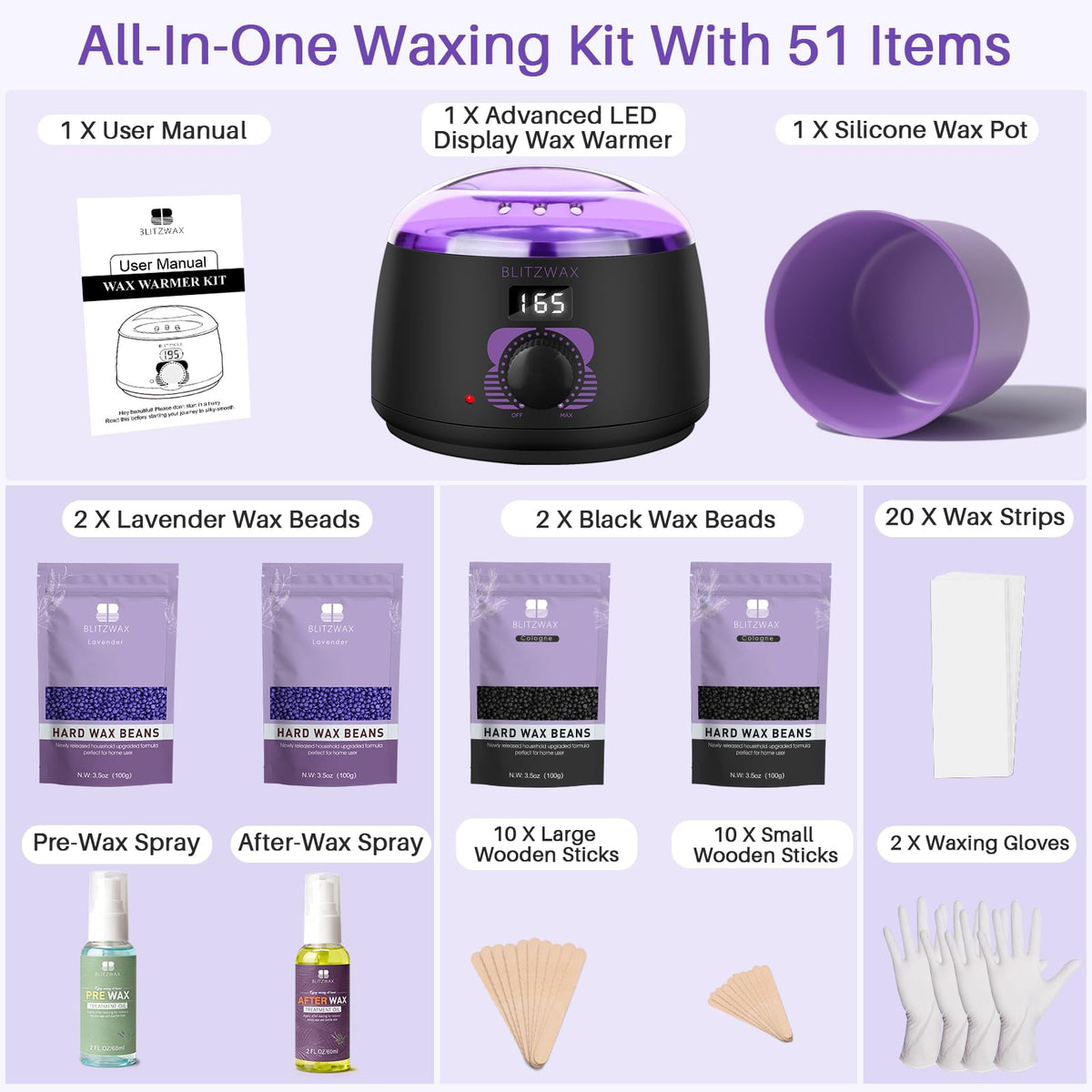 BLITZWAX waxing kit showcasing various hair removal tools