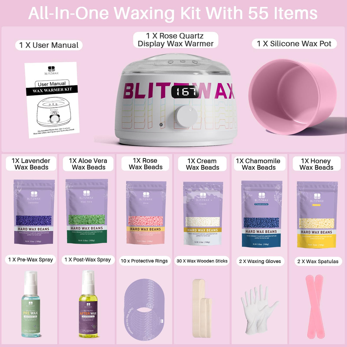 BLITZWAX Waxing Kit with Aloe Vera wax beads