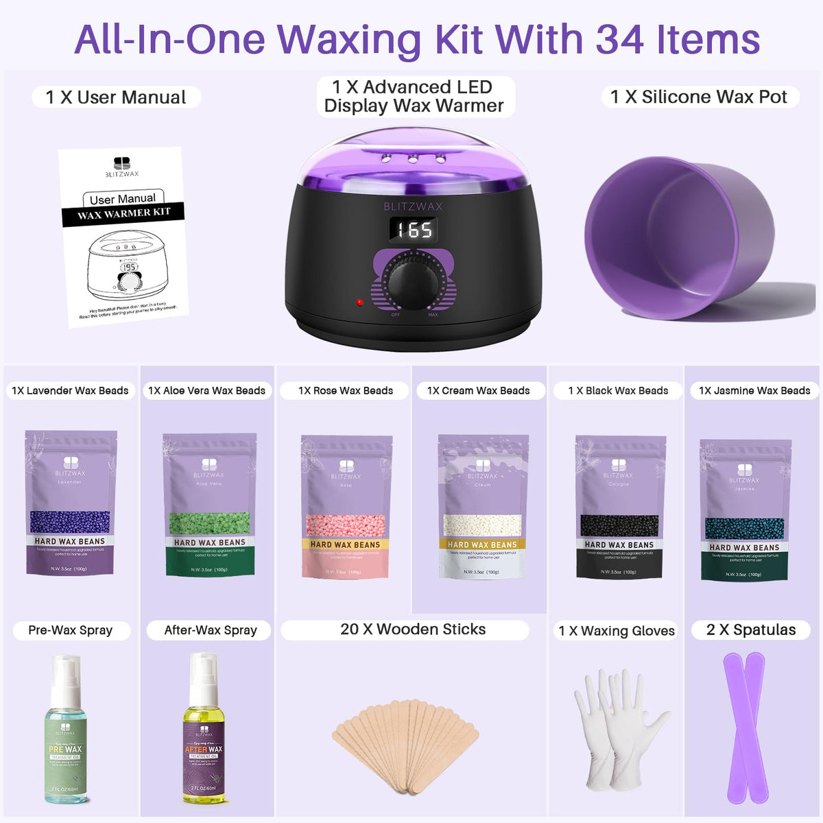 BLITZWAX Waxing Kit with various scented wax beans