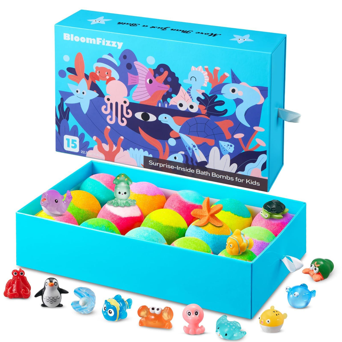 BloomFizzy Sea Surprise Bath Bombs gift set front view with colourful packaging