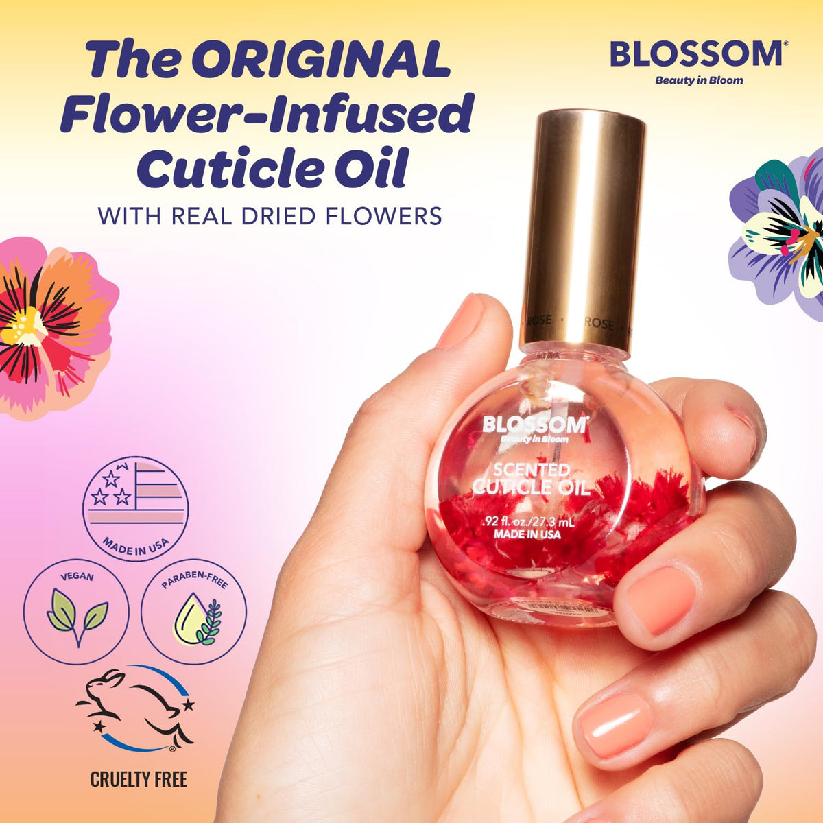 Blossom Cuticle Oil 0.5 fl. oz back view showing ingredients