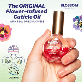 Blossom Cuticle Oil 0.92 fl. oz with real flowers close-up