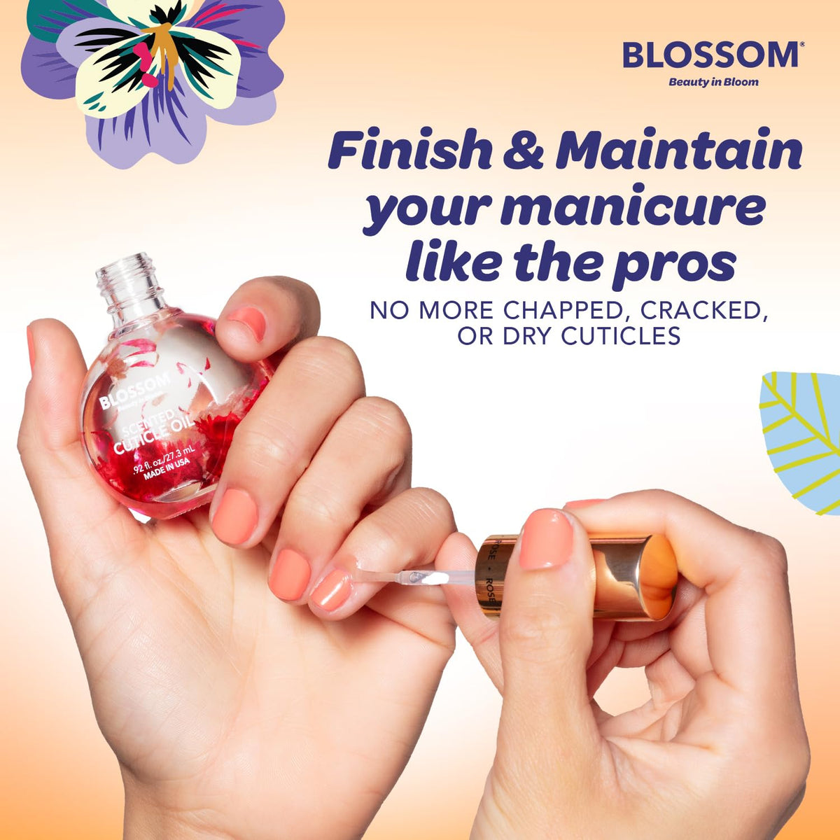 Blossom Cuticle Oil applied to nails for hydration