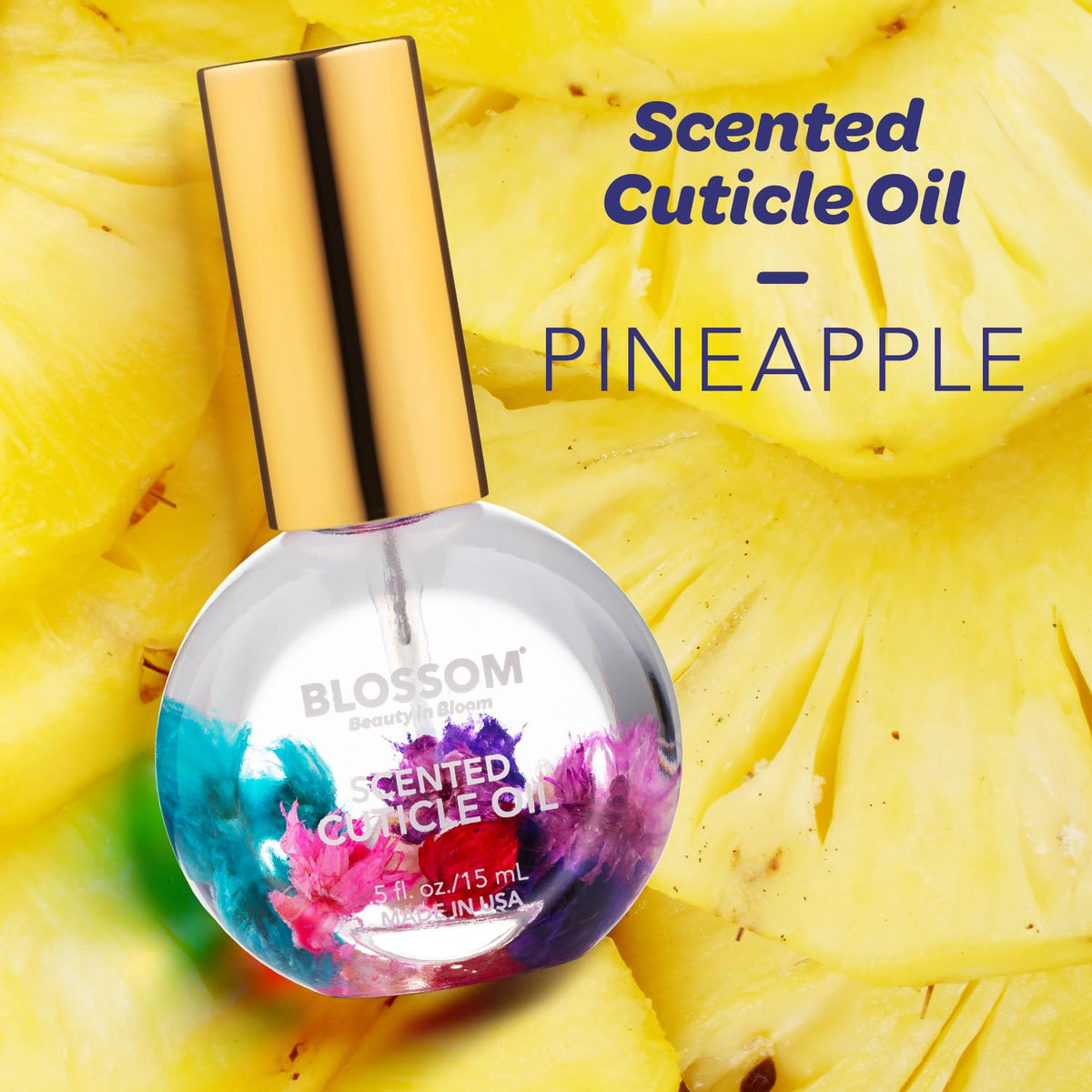 Blossom Cuticle Oil bottle close-up showing floral infusion