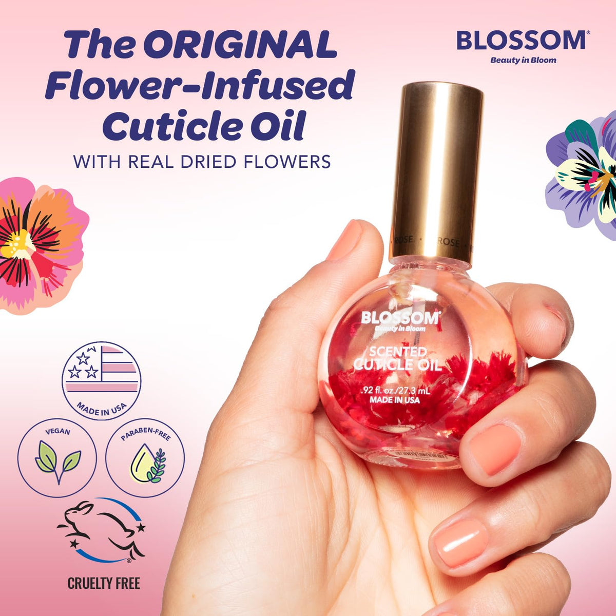 Blossom Cuticle Oil bottle with floral design on packaging