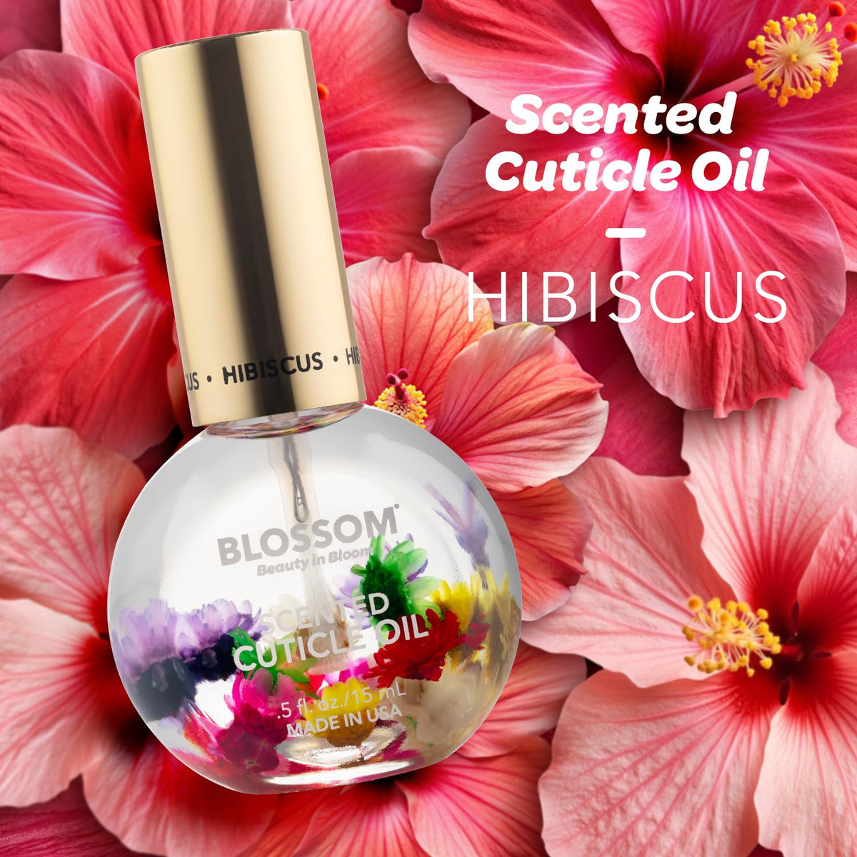 Blossom Cuticle Oil bottle with hibiscus flowers