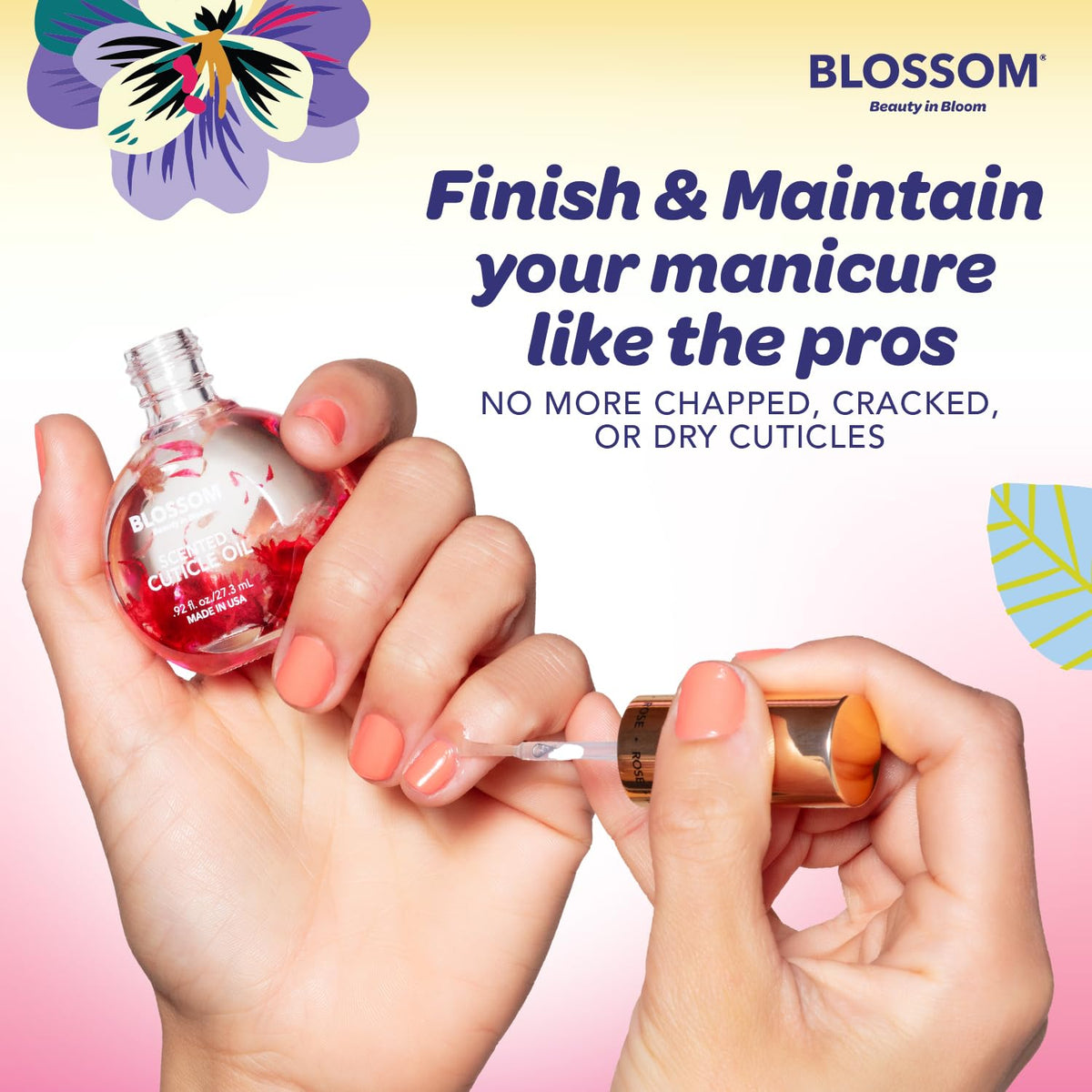 Blossom Cuticle Oil displayed with dried flowers