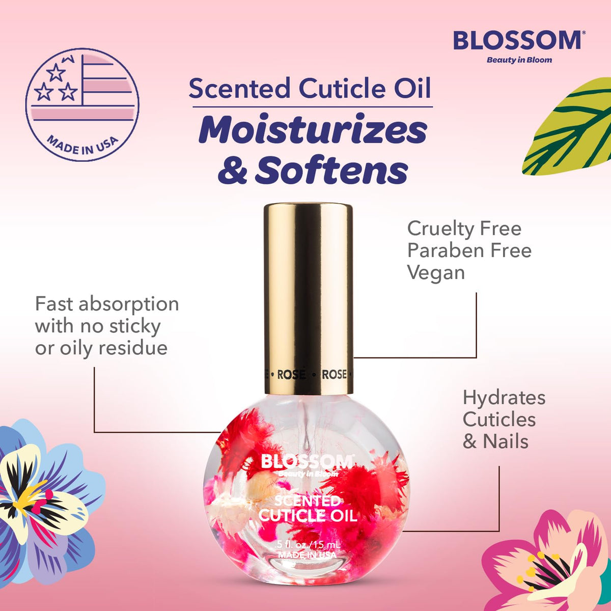 Blossom Cuticle Oil on a vanity with nail care accessories