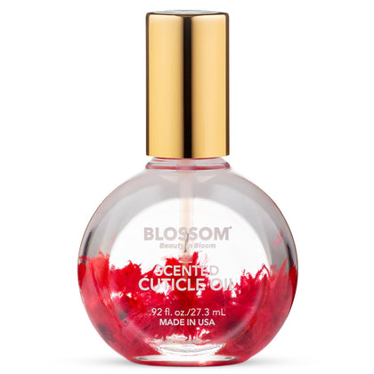 Blossom Cuticle Oil Raspberry Scent front view with real flowers